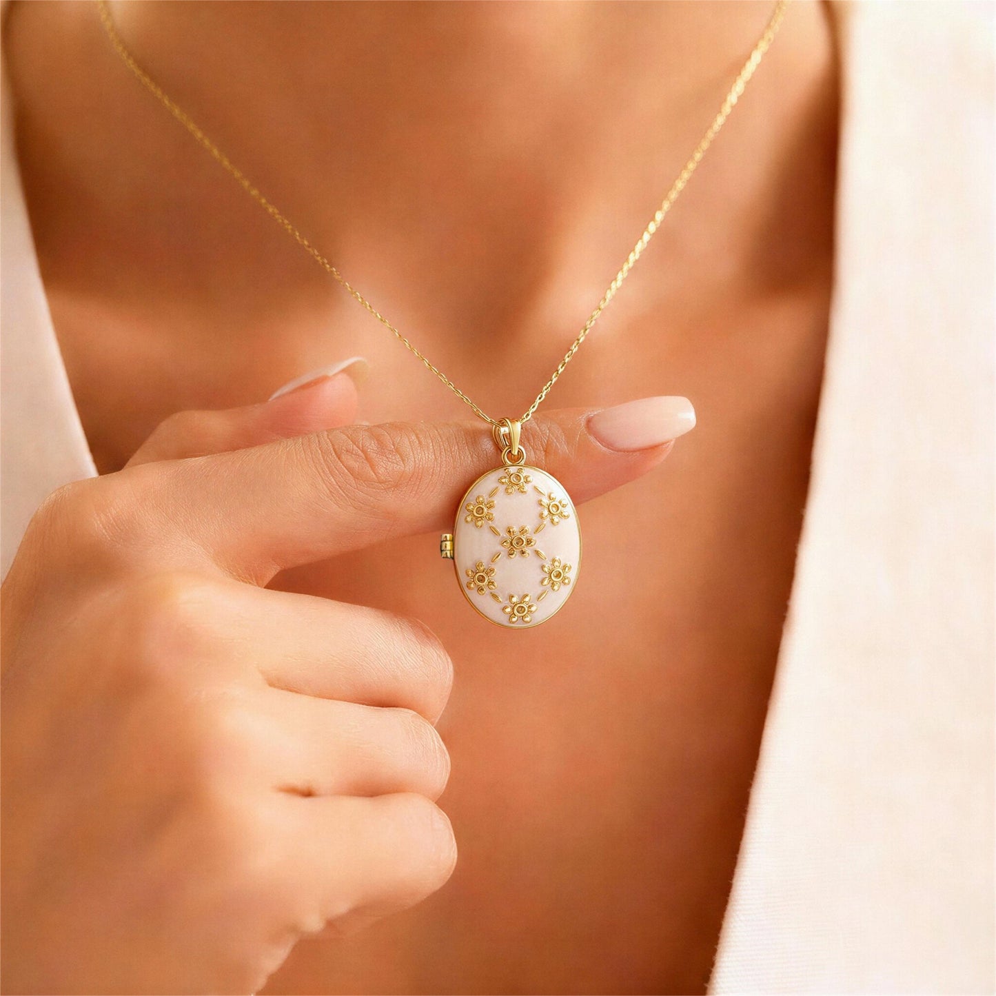 White Floral Oval Photo Locket Necklace – Personalized Keepsake Gift