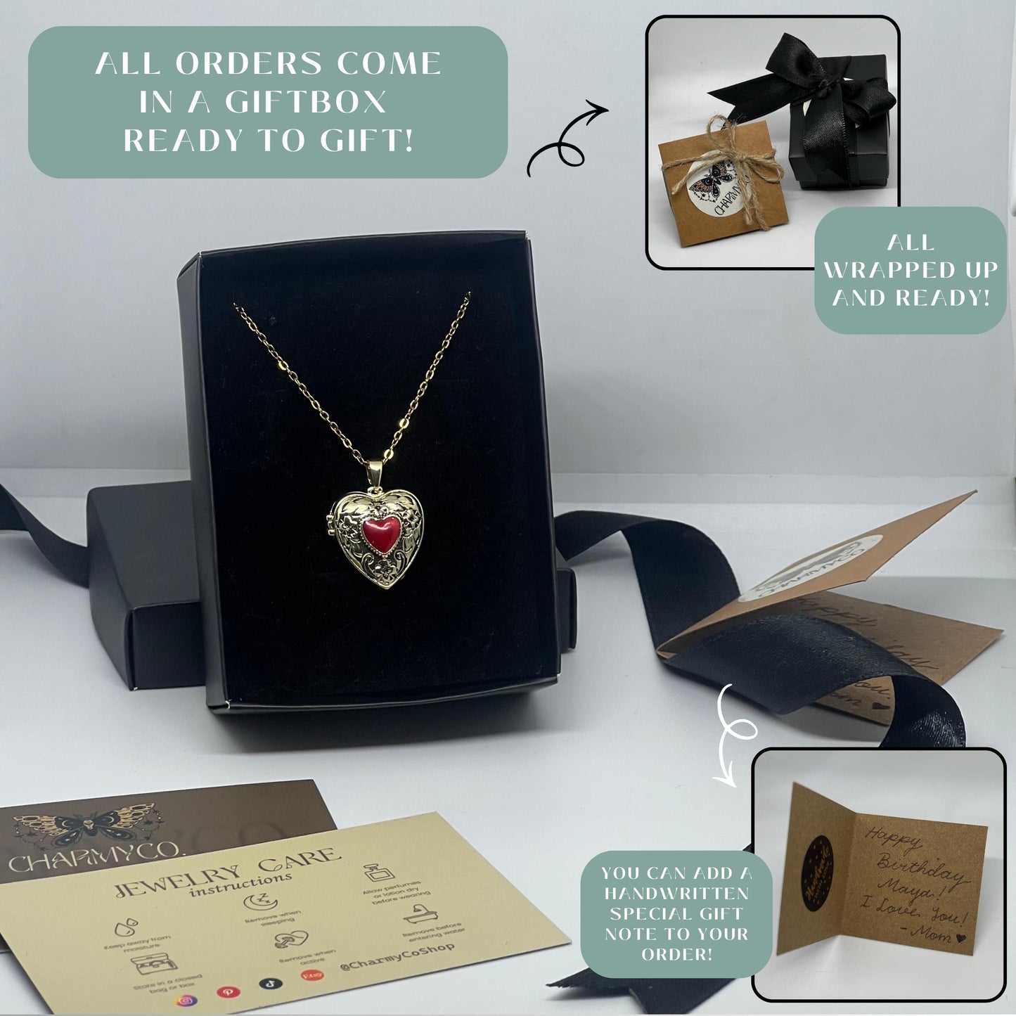 Red Floral Heart Photo Locket Necklace – Personalized Keepsake Gift