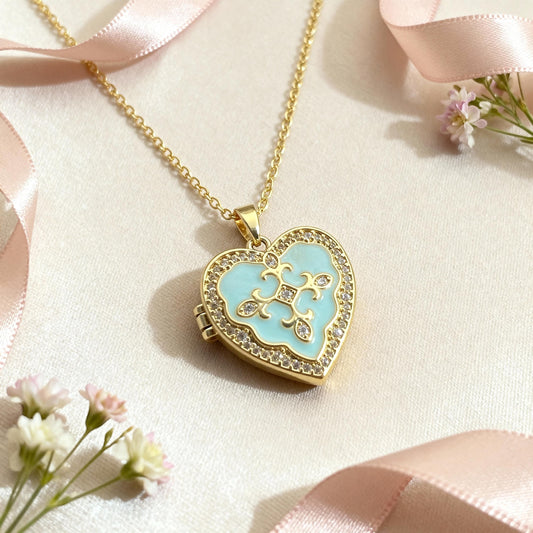 Turquoise Enamel Heart Photo Locket Necklace – Personalized Keepsake Gift