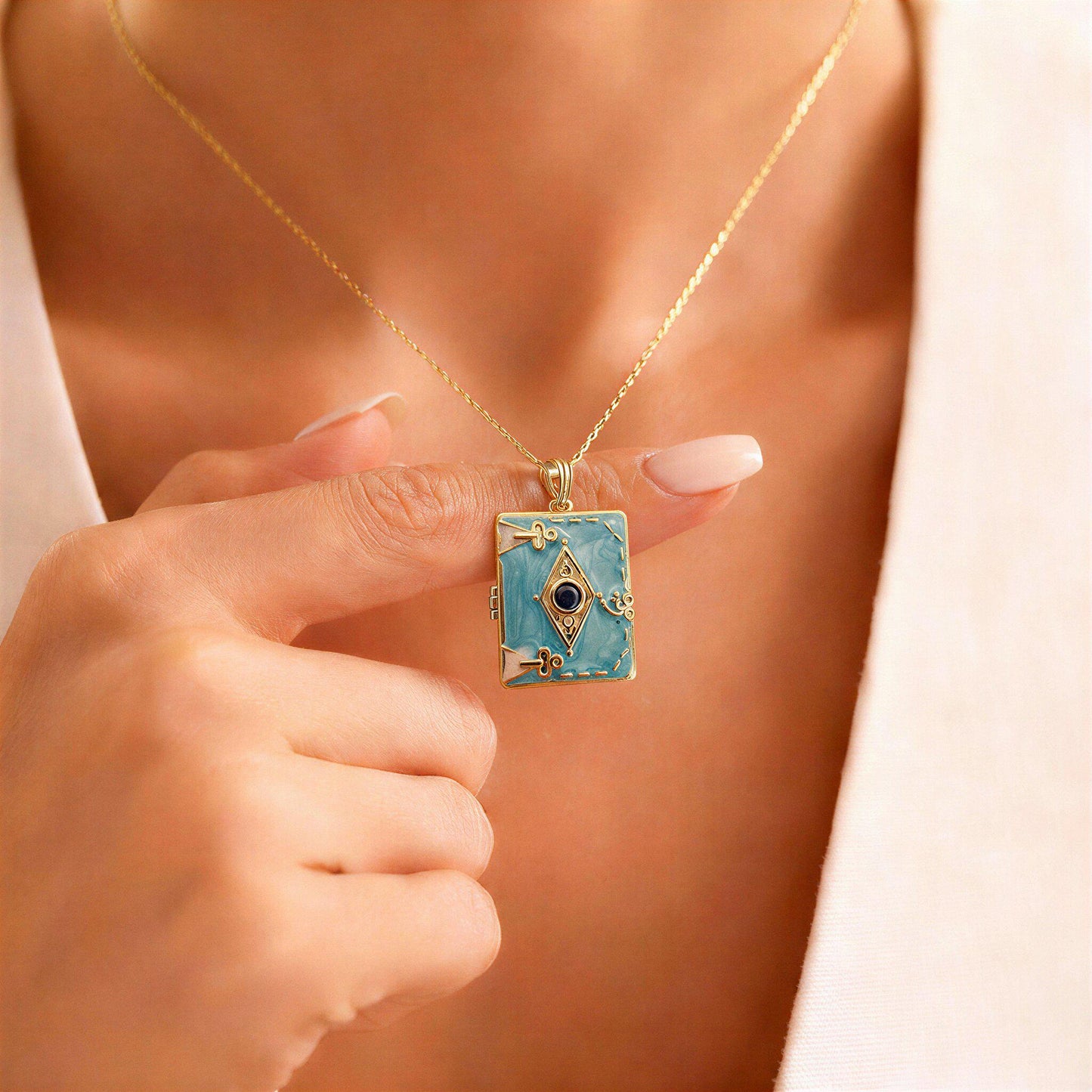 Blue Enamel Book Locket Necklace – Personalized Keepsake Gift