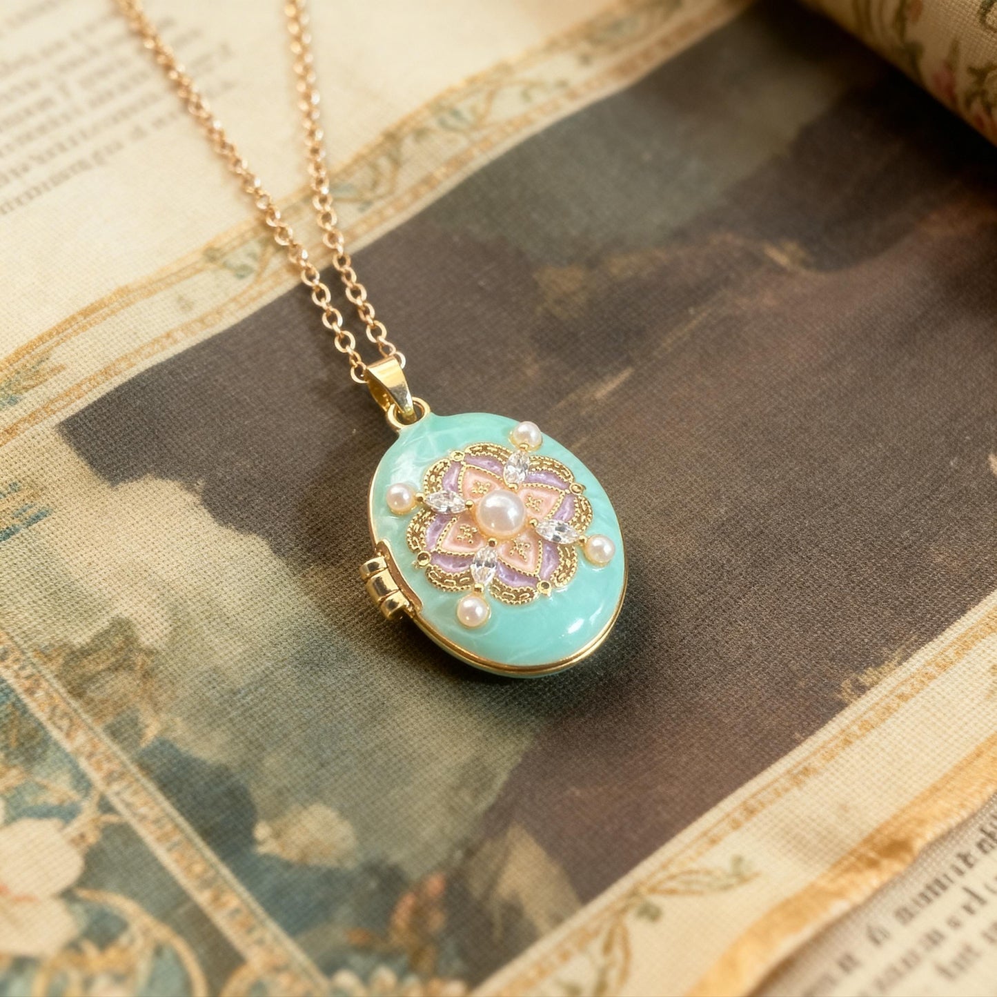 Turquoise Pearl Floral Oval Photo Locket Necklace – Personalized Keepsake Gift