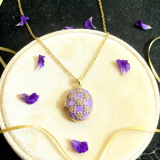 Purple Floral Oval Photo Locket Necklace – Personalized Keepsake Gift