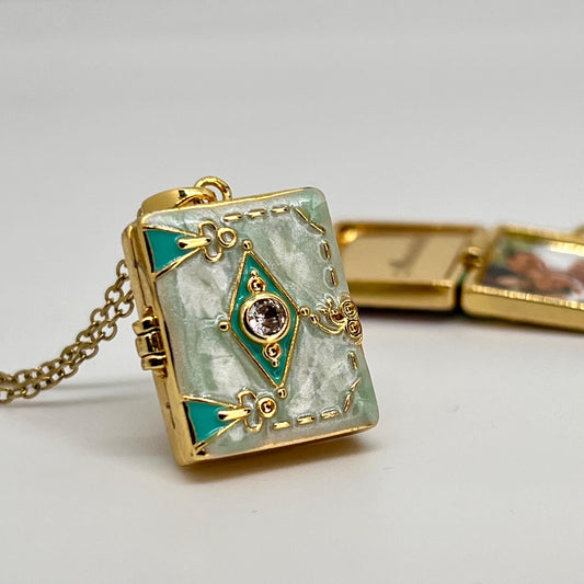 Mint Enamel Book Locket Necklace – Personalized Keepsake Gift