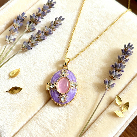Purple Enamel Oval Photo Locket Necklace – Personalized Keepsake Gift