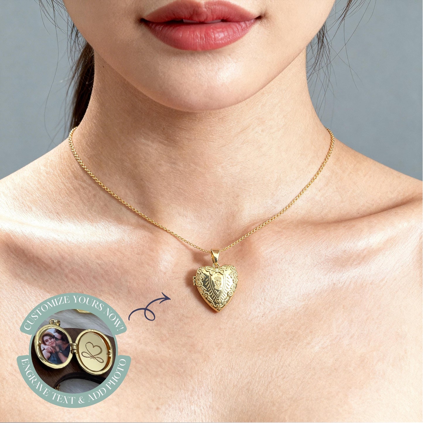 Engraved Heart Photo Locket Necklace – Personalized Keepsake Gift