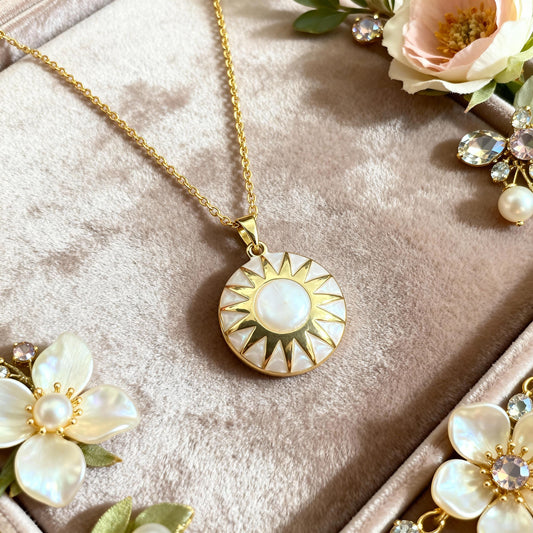 Sun Mother of Pearl Round Photo Locket Necklace – Personalized Keepsake Gift