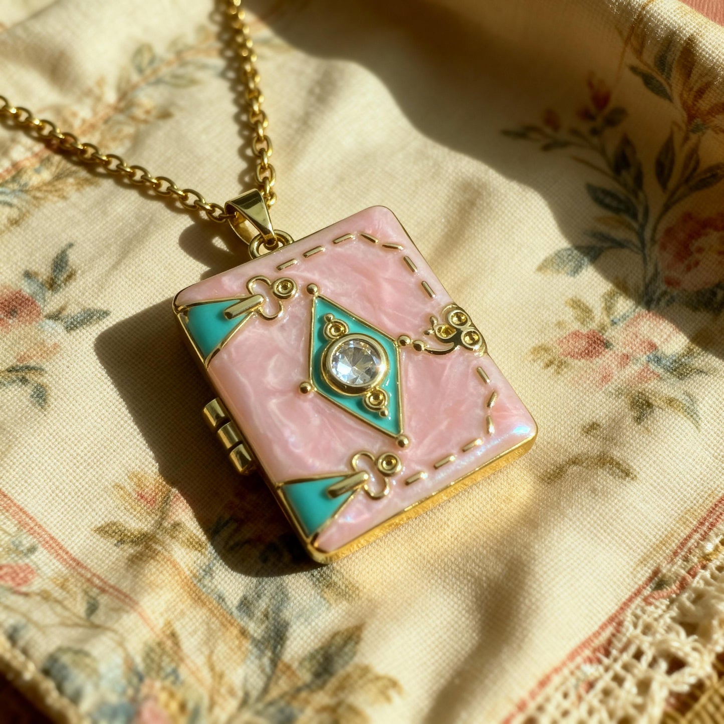 Pink Enamel Book Locket Necklace – Personalized Keepsake Gift