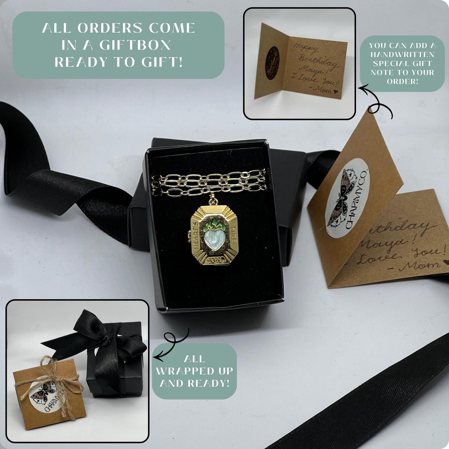 Mint Enamel Heart Photo Locket Necklace – Personalized Keepsake Gift