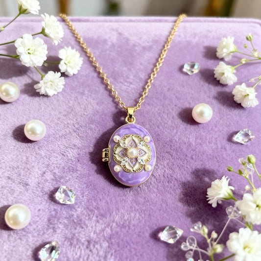Purple Pearl Oval Photo Locket Necklace – Personalized Keepsake Gift