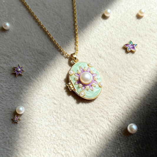 Mint Pearl Sunburst Oval Photo Locket Necklace – Personalized Keepsake Gift