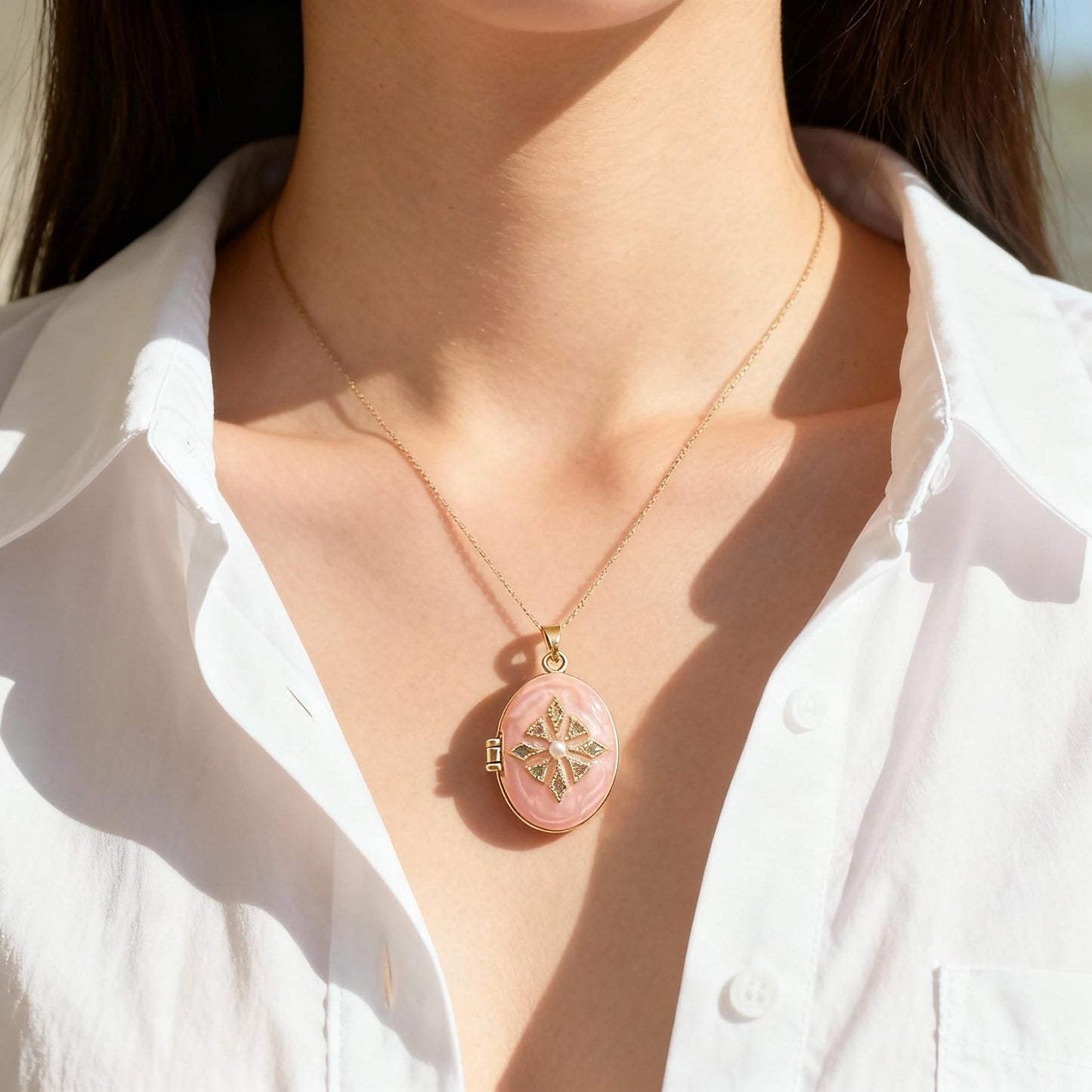 Pink Enamel Pearl Oval Photo Locket Necklace – Personalized Keepsake Gift