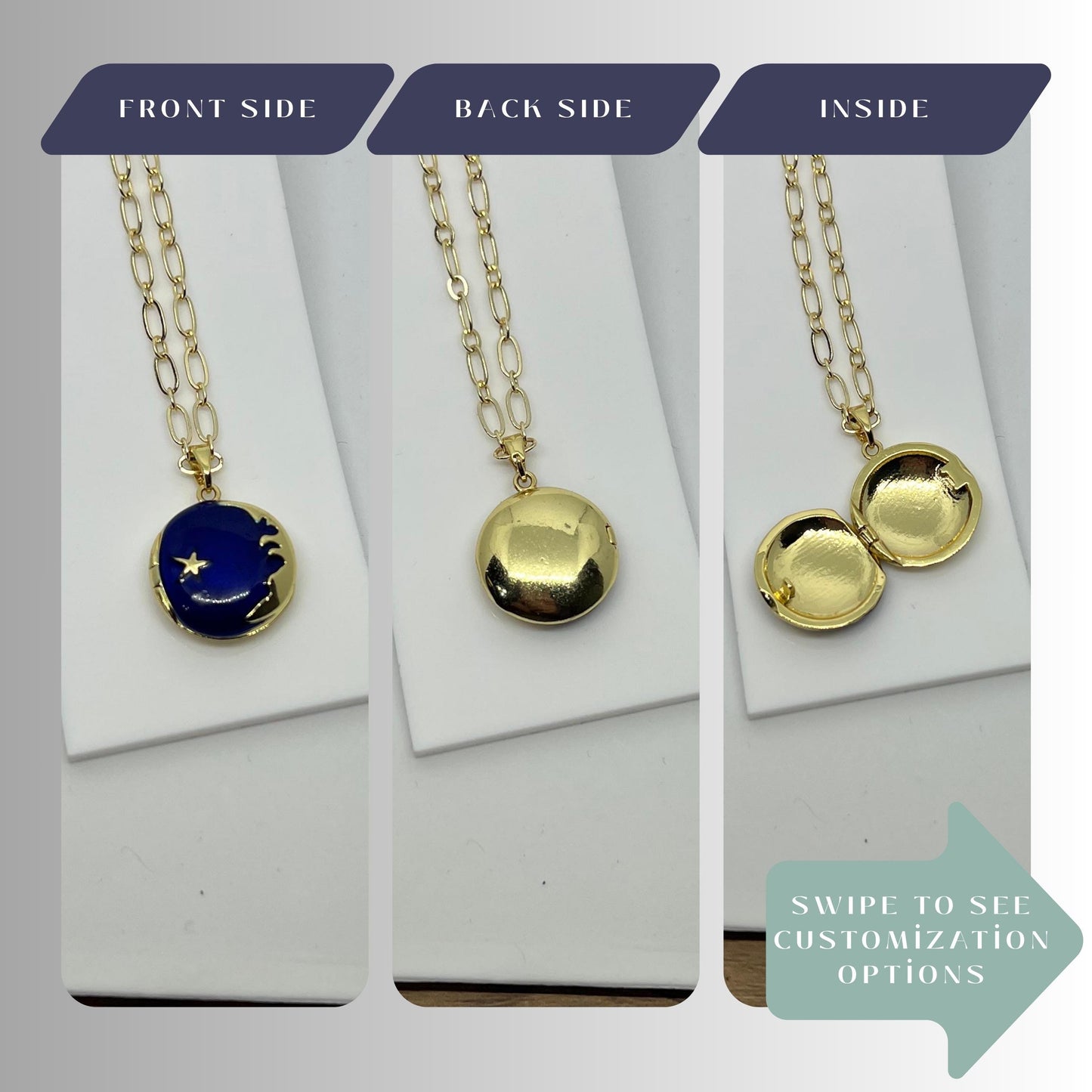 Blue Enamel Moon Star Photo Locket Necklace – Personalized Keepsake Gift