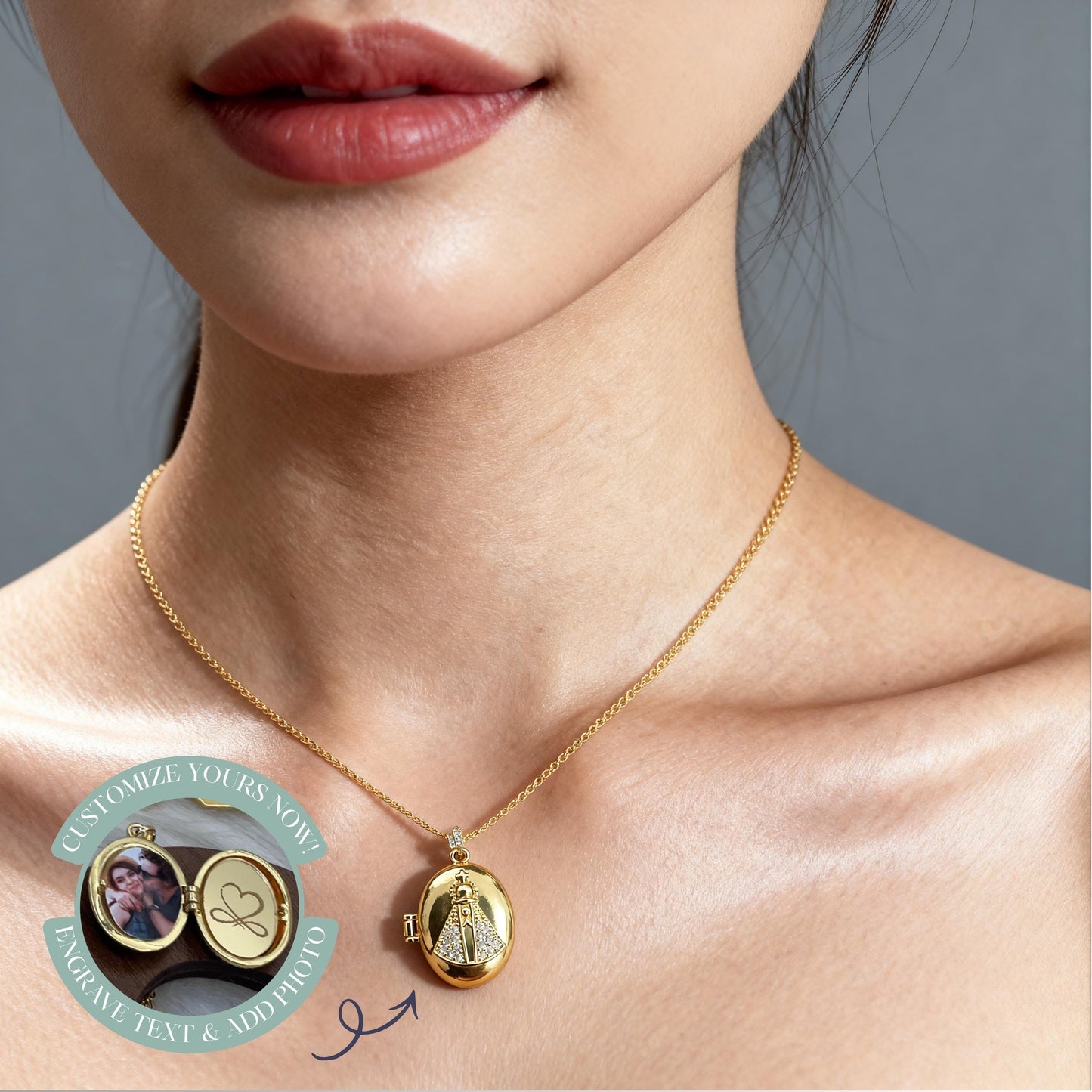 Virgin Mary Oval Photo Locket Necklace – Personalized Keepsake Gift