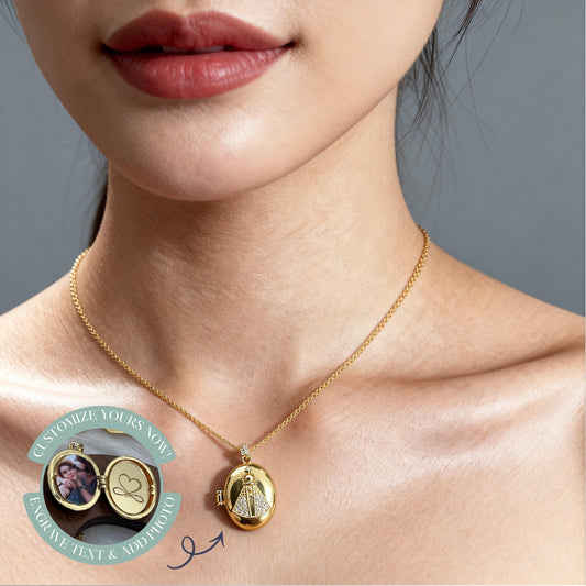 Virgin Mary Oval Photo Locket Necklace – Personalized Keepsake Gift