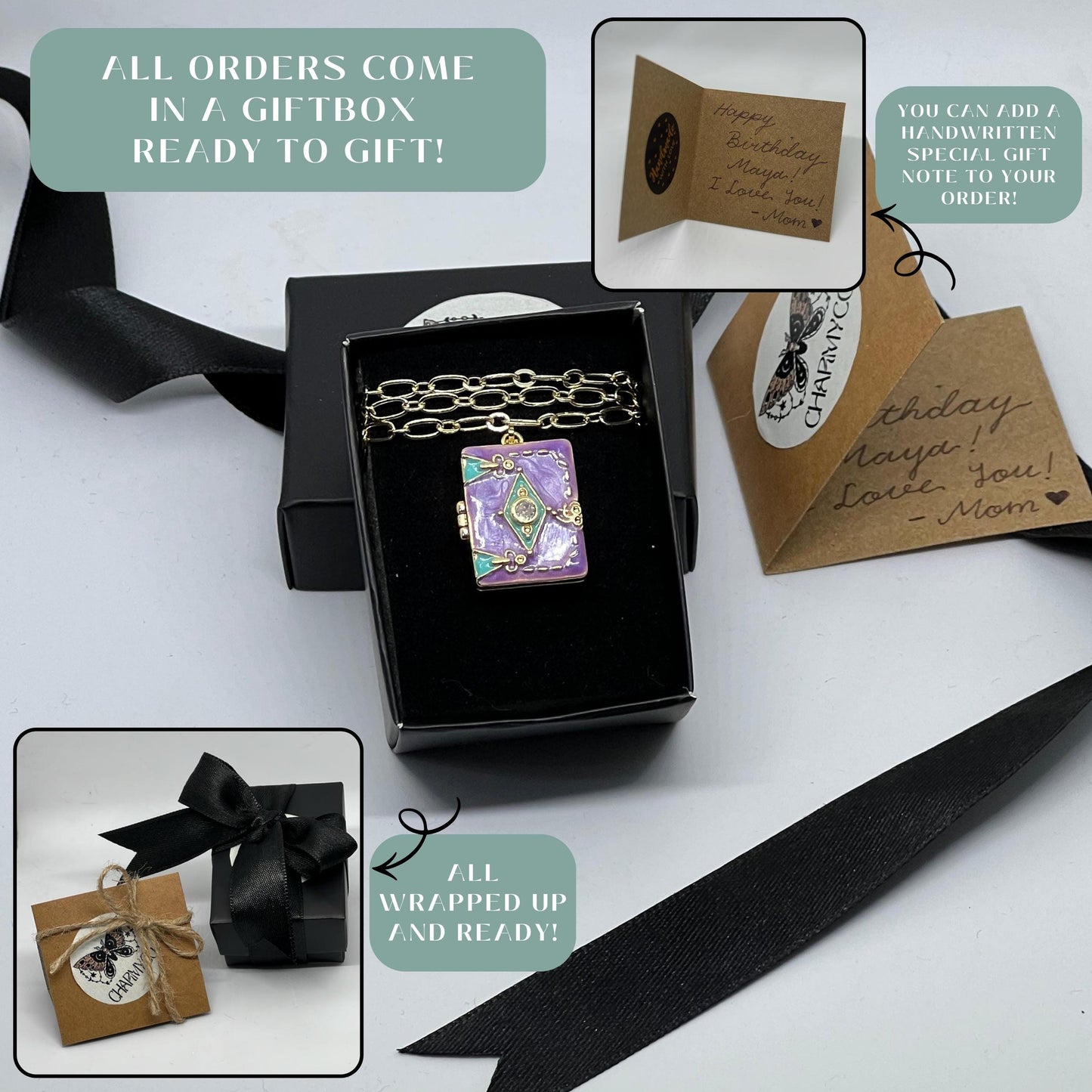 Purple Enamel Book Locket Necklace – Personalized Keepsake Gift