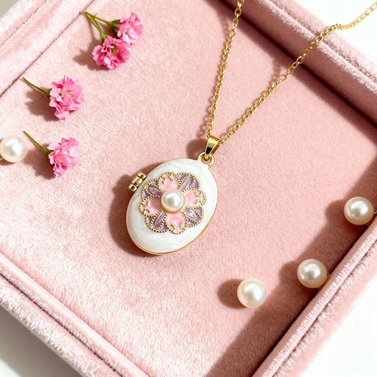 Floral Pearl Oval Photo Locket Necklace – Personalized Keepsake Gift
