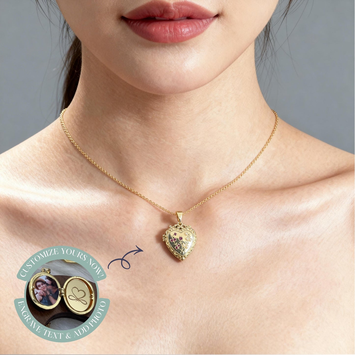 Floral Heart Photo Locket Necklace – Personalized Keepsake Gift