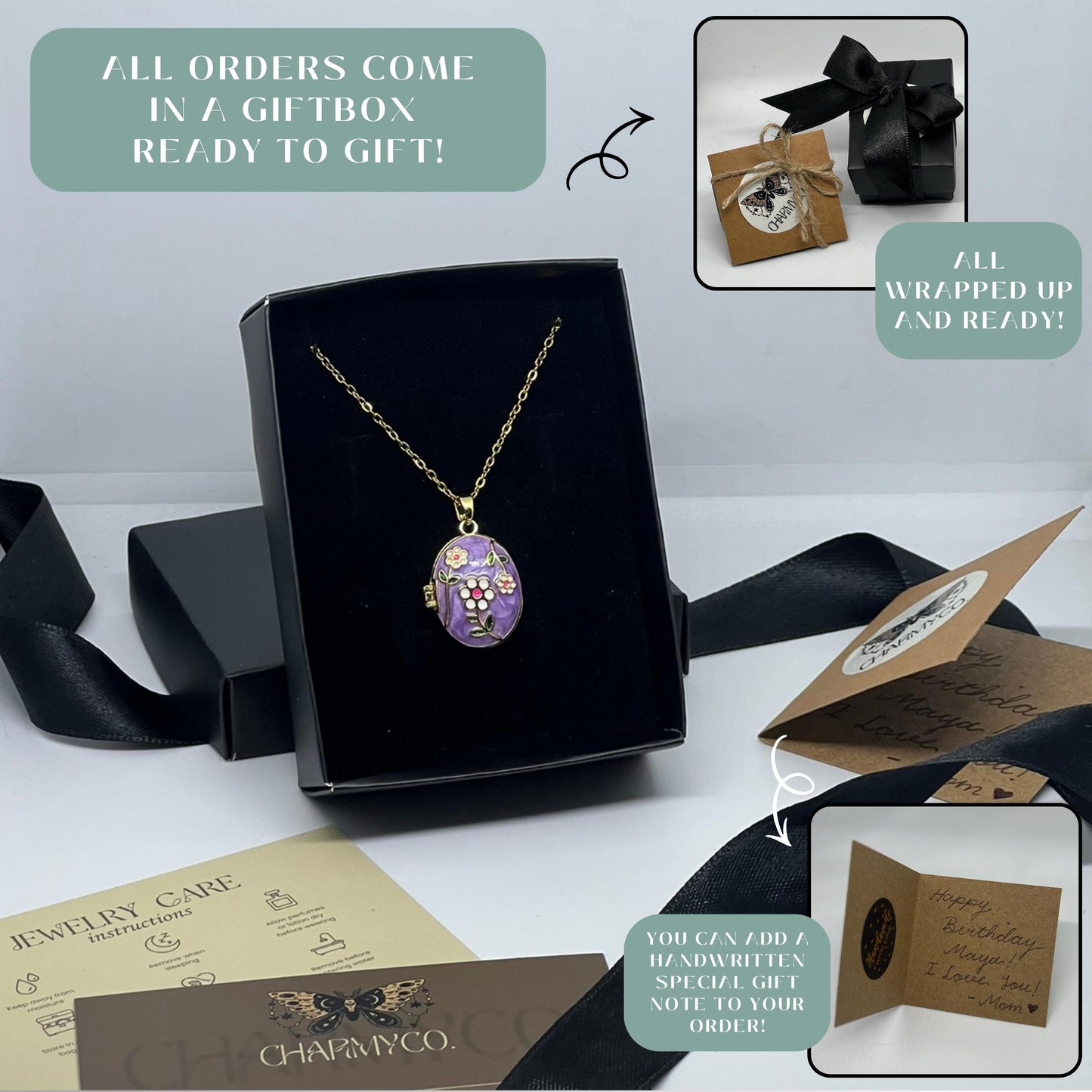 Purple Floral Oval Photo Locket Necklace – Personalized Keepsake Gift