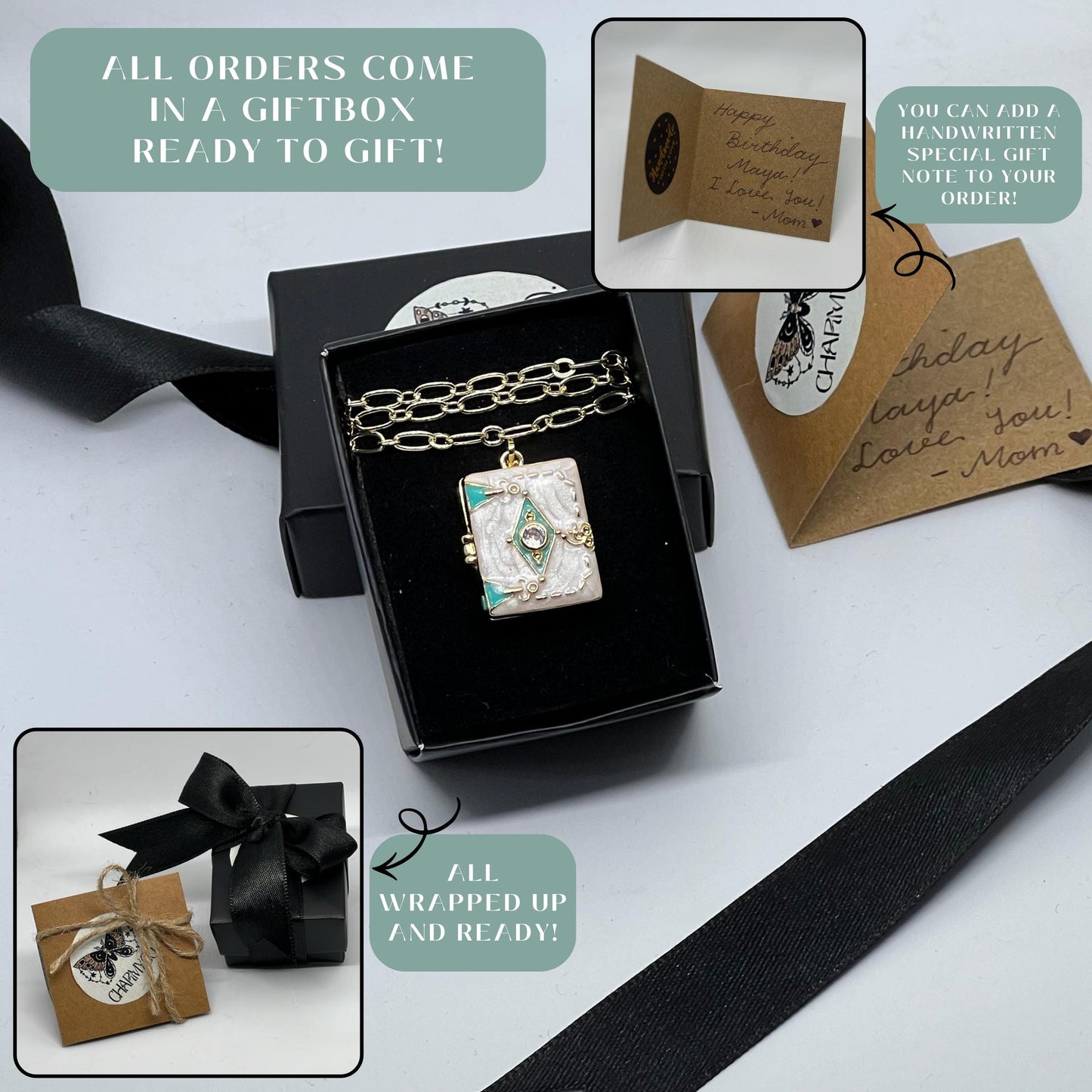 White Enamel Book Locket Necklace – Personalized Keepsake Gift