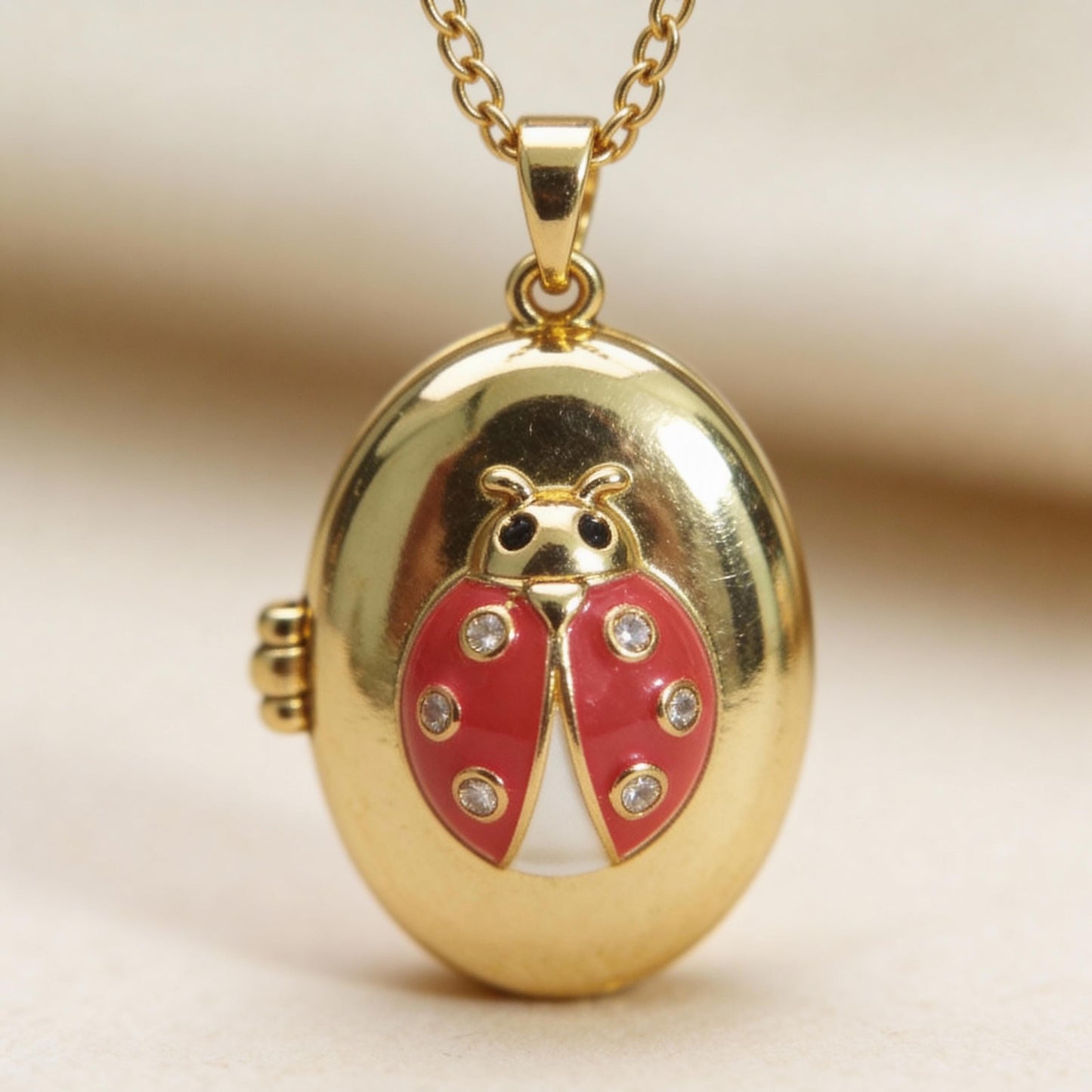 Red Enamel Ladybug Oval Photo Locket Necklace – Personalized Keepsake Gift