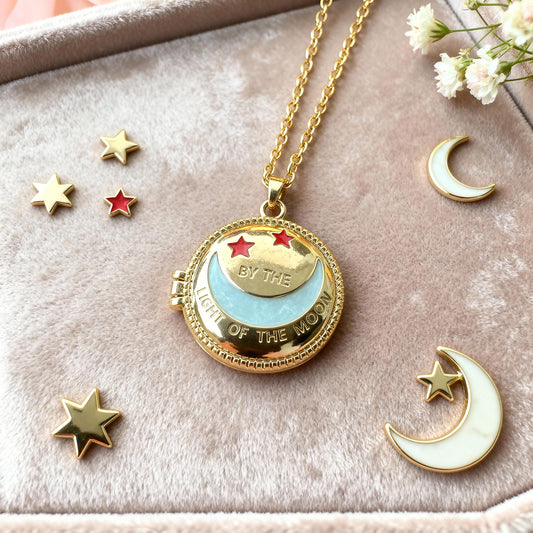 Moon & Stars Round Photo Locket Necklace – Personalized Keepsake Gift