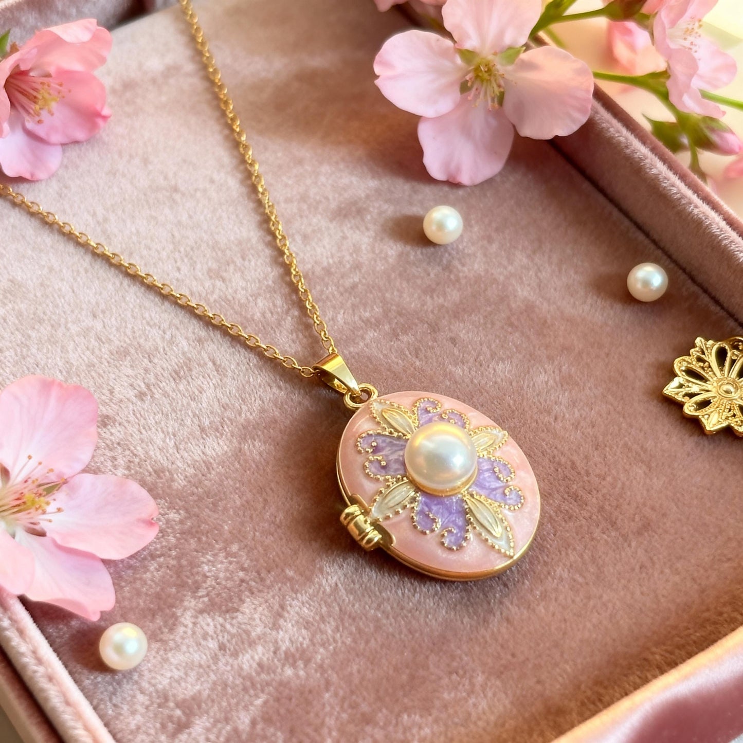 Pink Purple Enamel Pearl Oval Photo Locket Necklace – Personalized Keepsake Gift