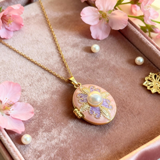 Pink Purple Enamel Pearl Oval Photo Locket Necklace – Personalized Keepsake Gift