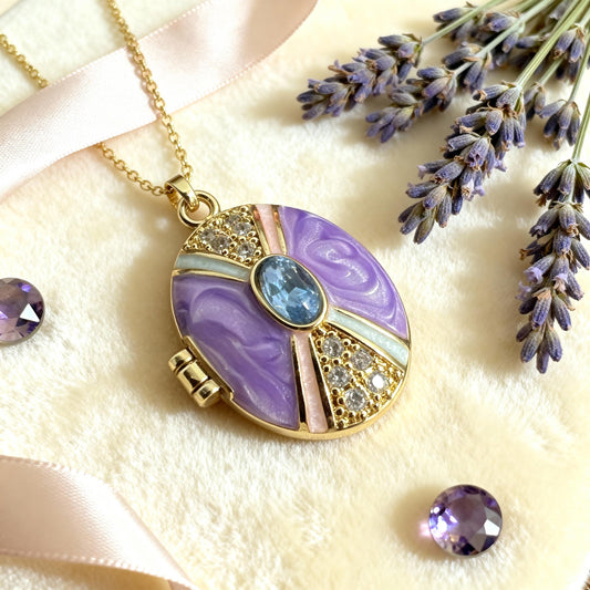 Purple Enamel Oval Photo Locket Necklace – Personalized Keepsake Gift