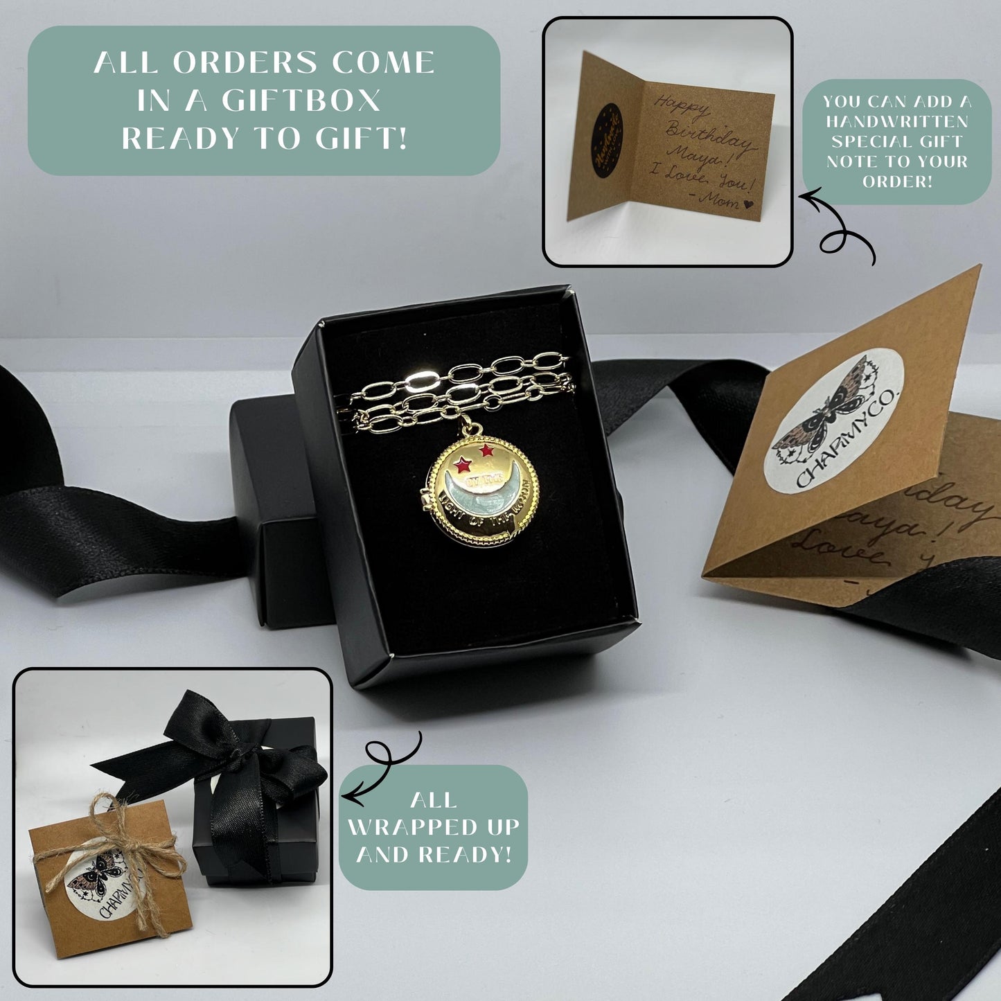 Moon & Stars Round Photo Locket Necklace – Personalized Keepsake Gift