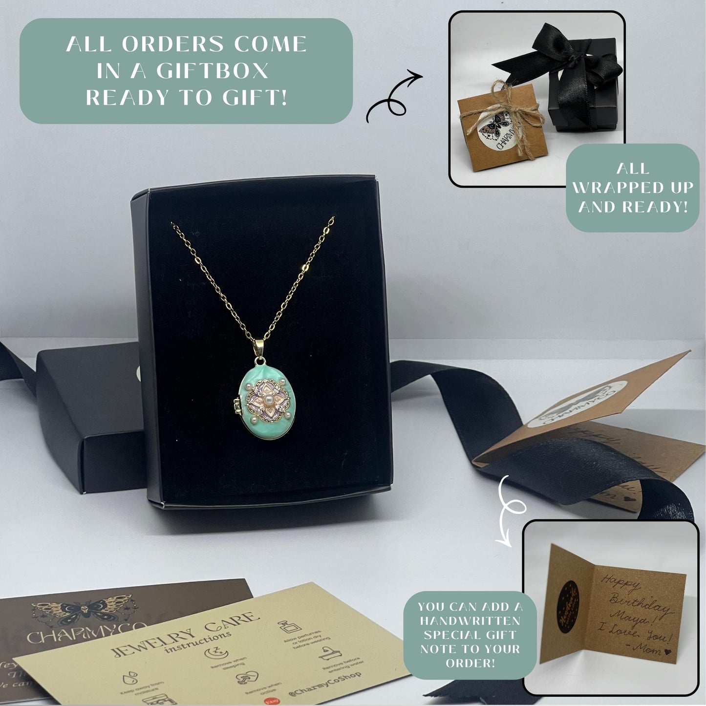 Turquoise Pearl Floral Oval Photo Locket Necklace – Personalized Keepsake Gift