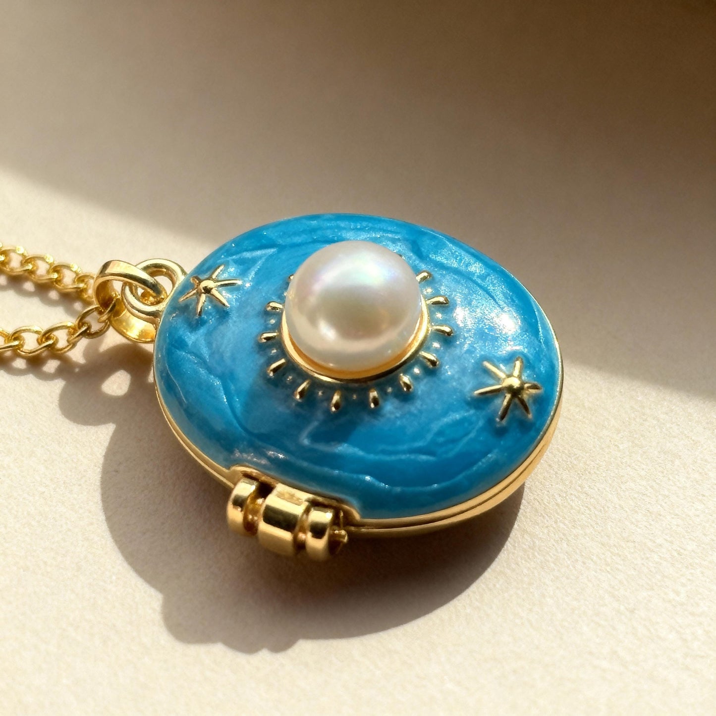 Blue Enamel Pearl Oval Photo Locket Necklace – Personalized Keepsake Gift