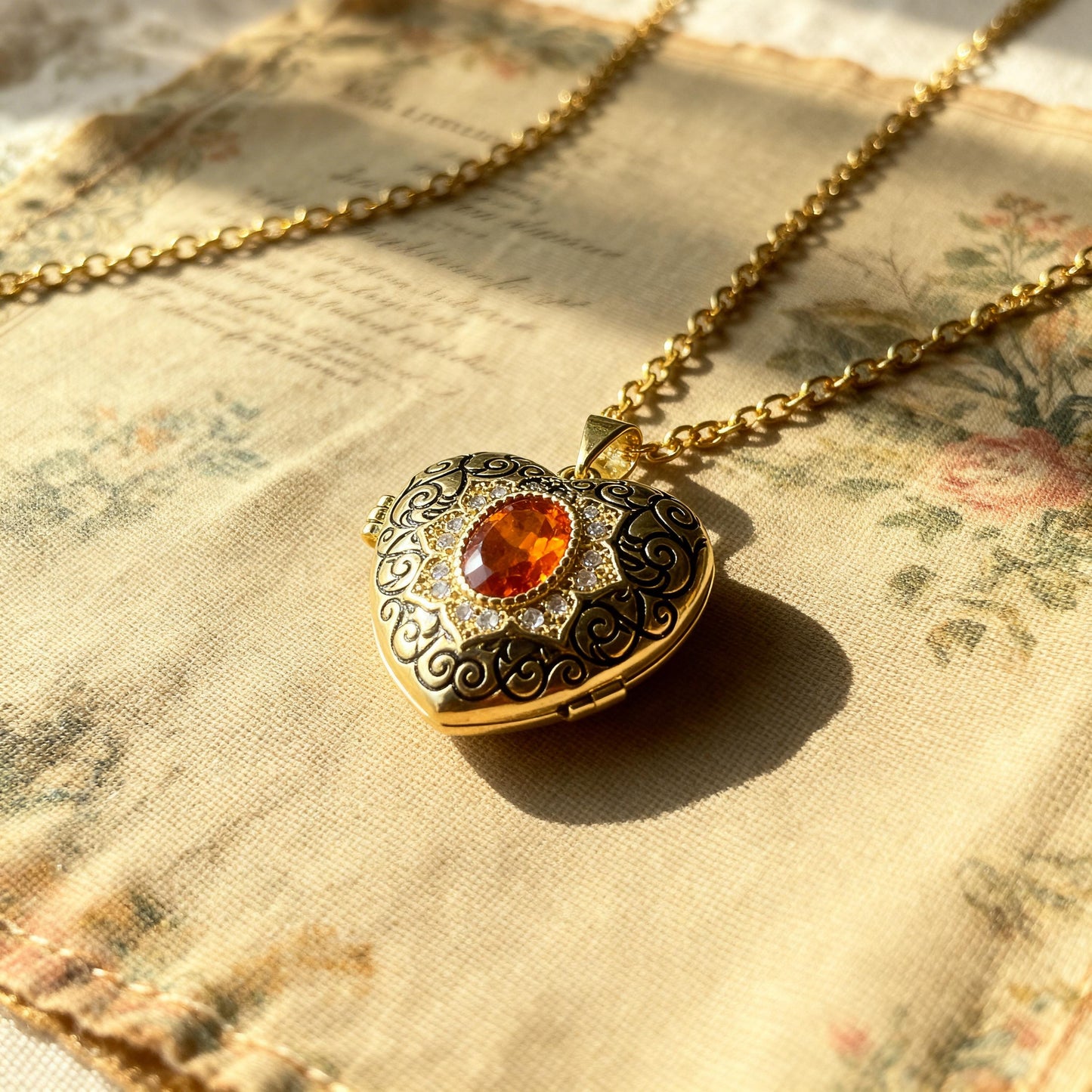 Orange Crystal Heart Photo Locket Necklace – Personalized Keepsake Gift