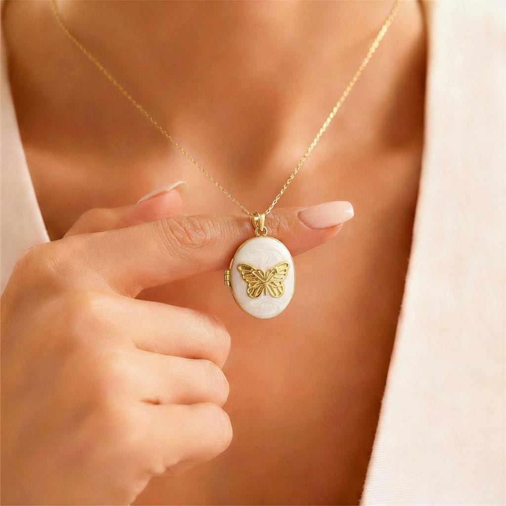 White Butterfly Oval Photo Locket Necklace – Personalized Keepsake Gift