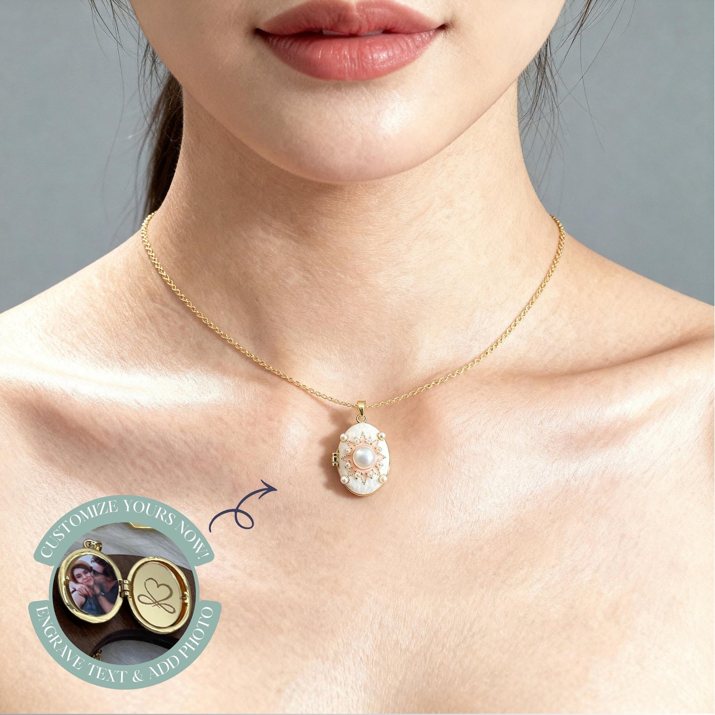 Mother of Pearl Crystal Oval Photo Locket Necklace – Personalized Keepsake Gift