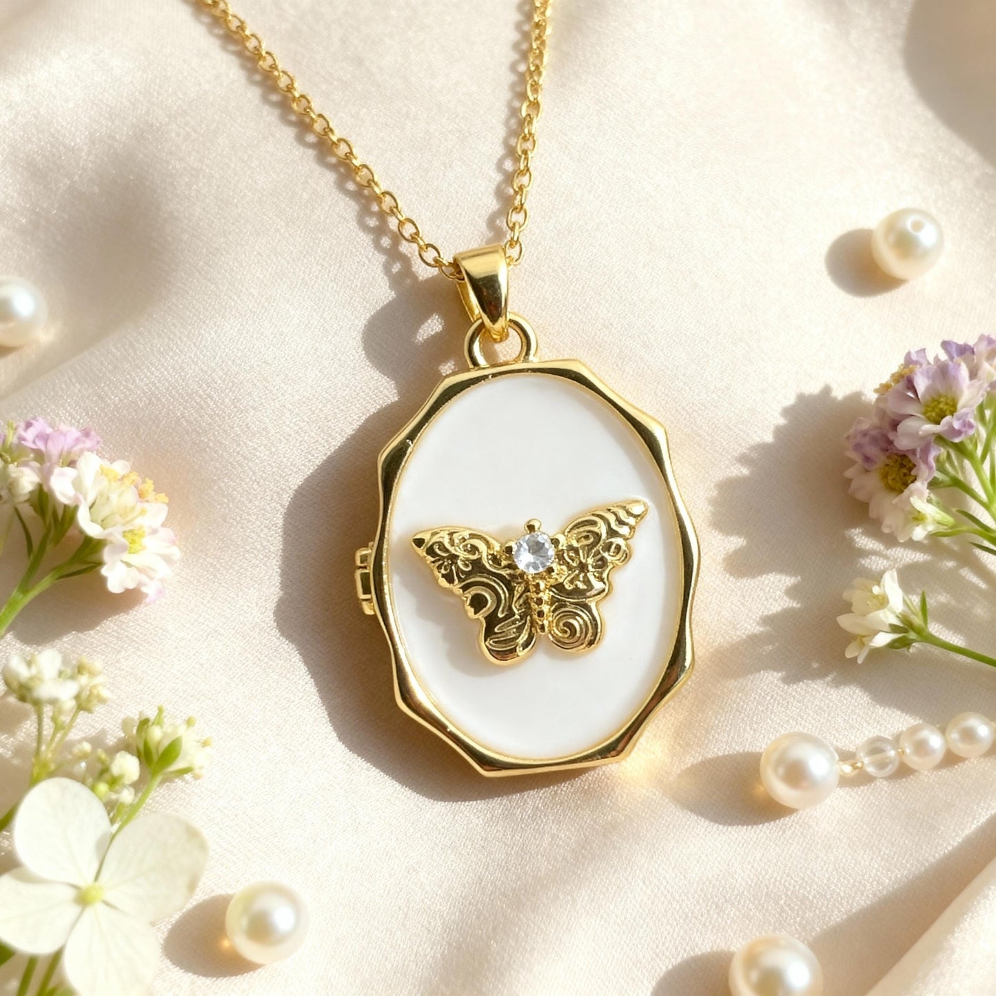 White Enamel Butterfly Oval Photo Locket Necklace – Personalized Keepsake Gift