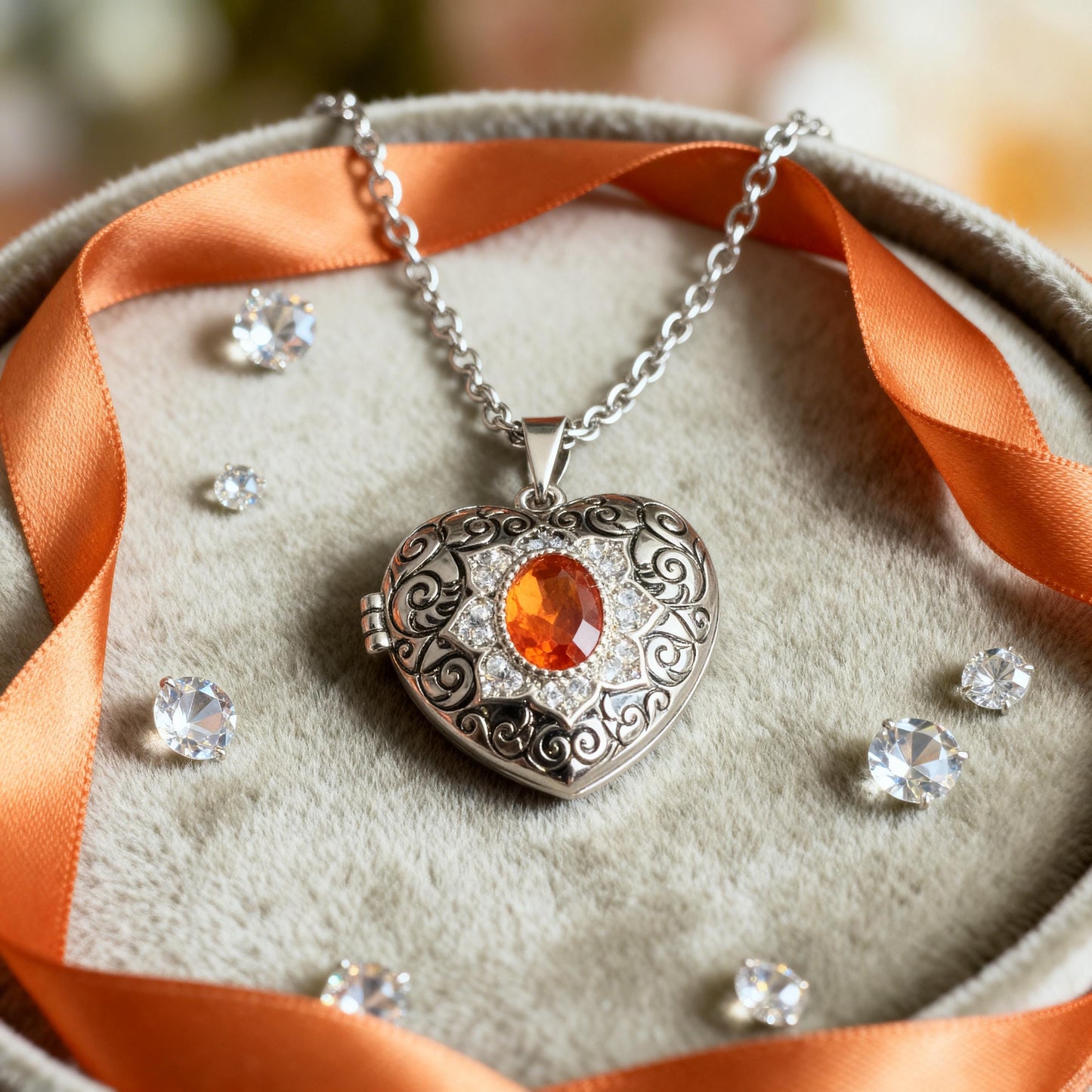 Victorian Style Heart Photo Locket Necklace with Crystal Gemstone, Vintage Keepsake Jewelry