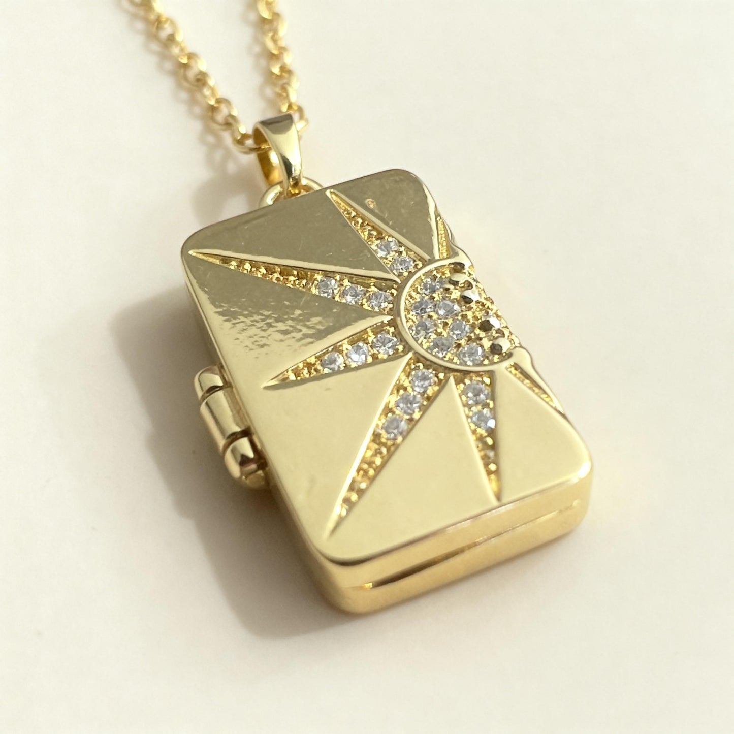 Sunburst Rectangle Locket Necklace, Gold Photo Locket with Crystal Sun Design, Personalized Keepsake Gift for Her