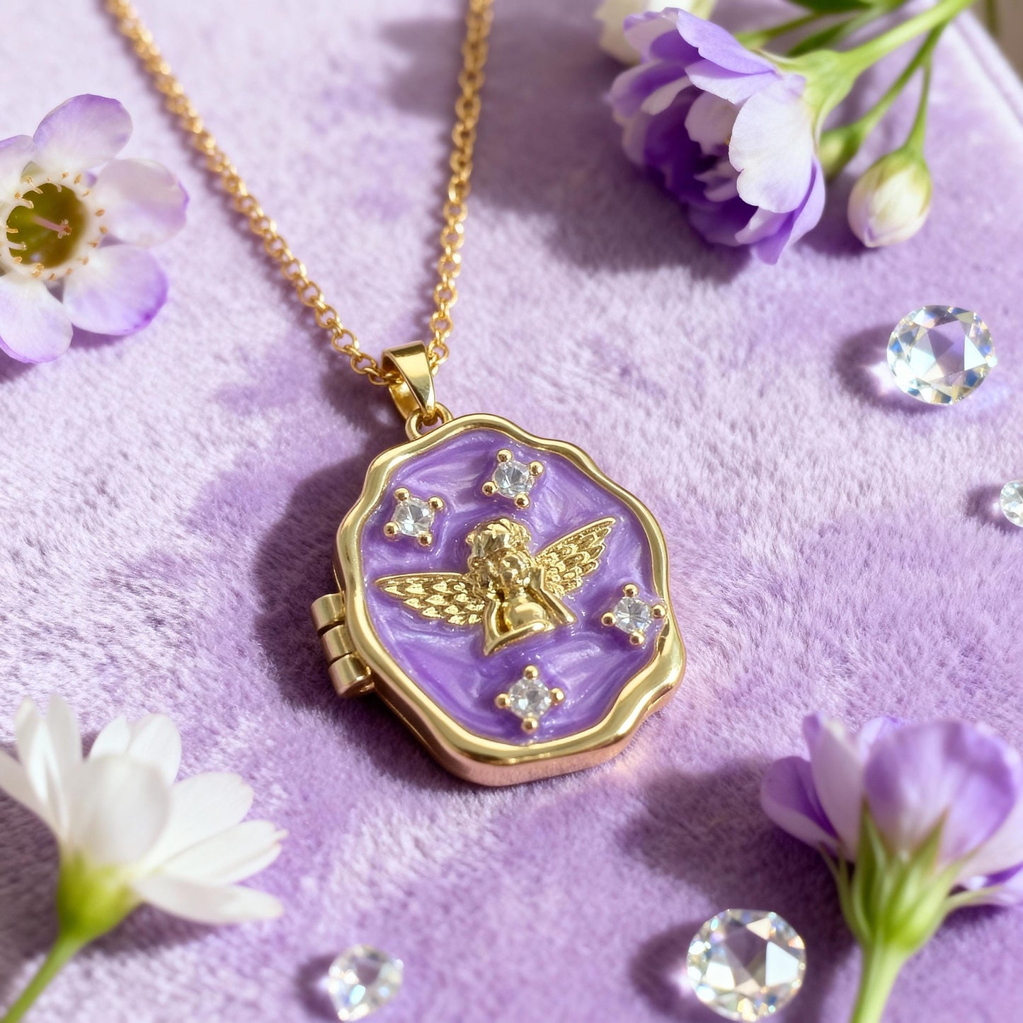 Purple Enamel Angel Photo Locket Necklace – Personalized Keepsake Gift