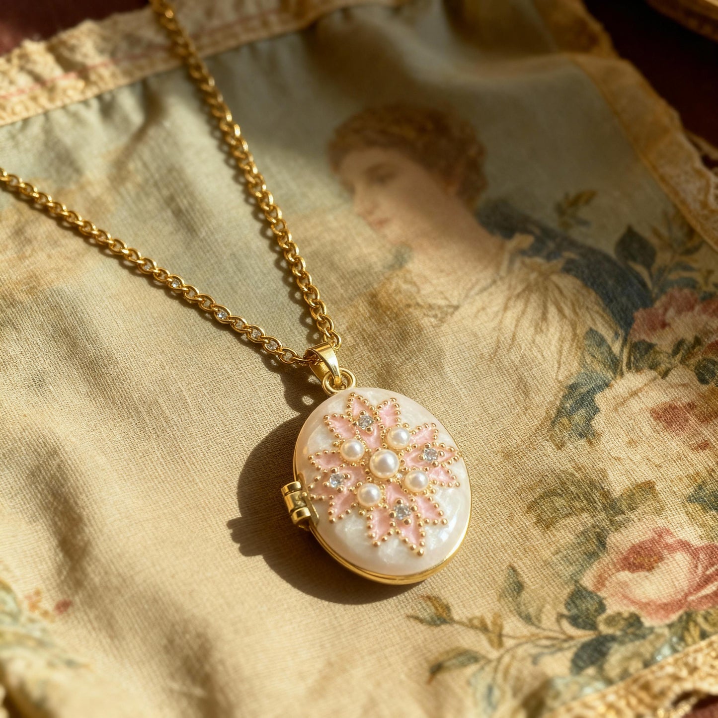 White Pink Pearl Oval Photo Locket Necklace – Personalized Keepsake Gift