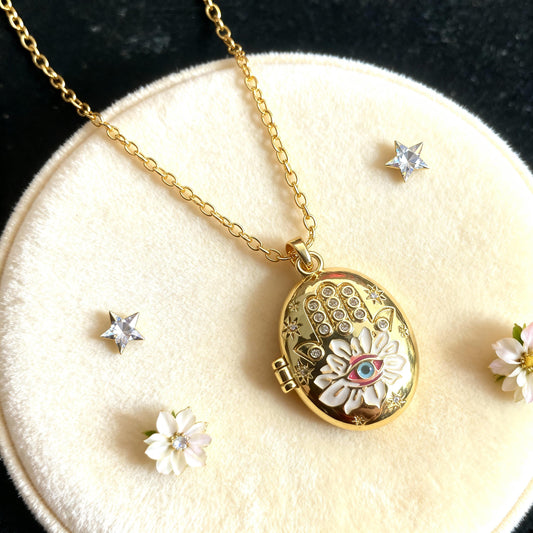 Evil Eye Hamsa Oval Photo Locket Necklace – Personalized Keepsake Gift