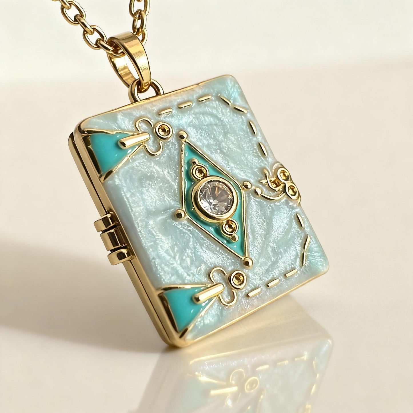 Mint Enamel Book Locket Necklace – Personalized Keepsake Gift