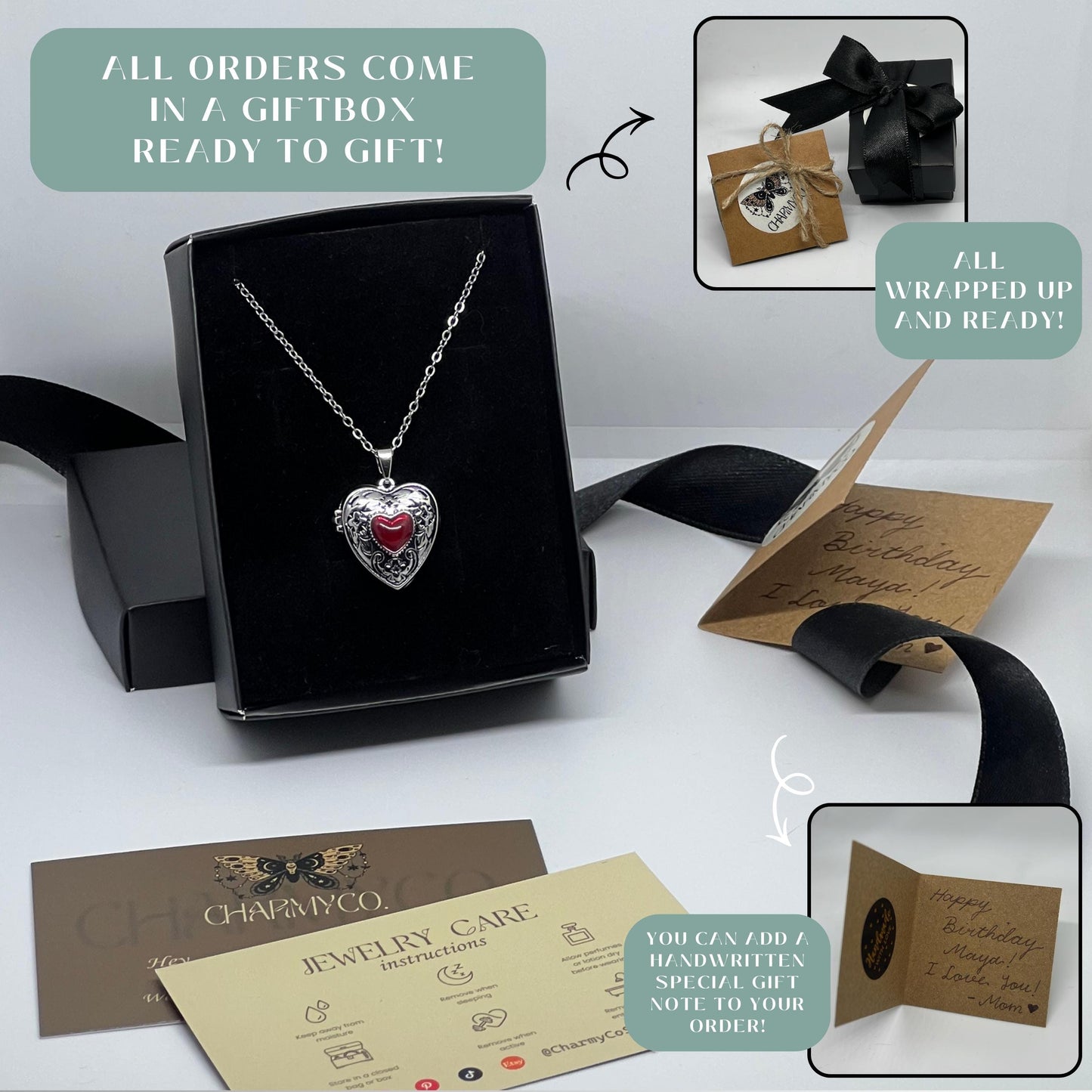 Floral Heart Photo Locket Necklace with Red Heart Center, Vintage Romantic Jewelry Gift