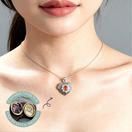 Victorian Style Heart Photo Locket Necklace with Crystal Gemstone, Vintage Keepsake Jewelry