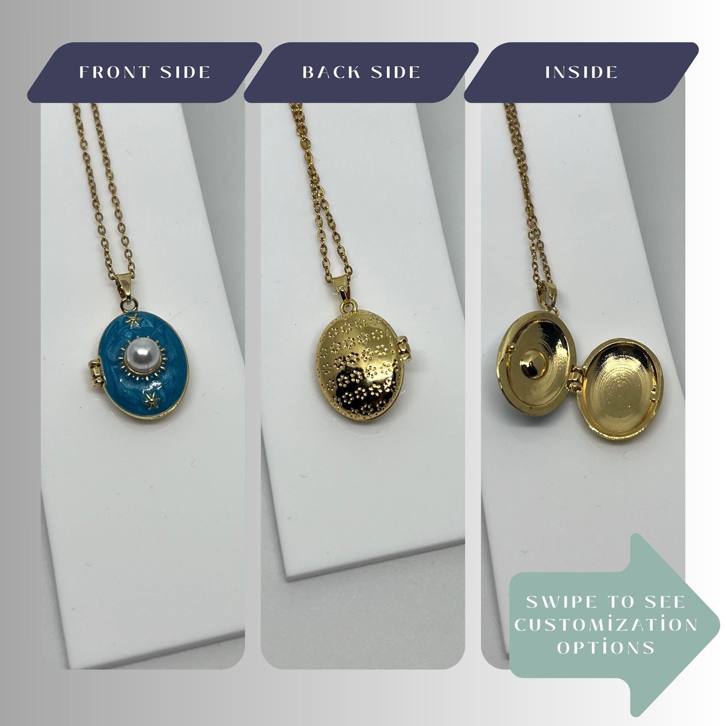 Blue Enamel Pearl Oval Photo Locket Necklace – Personalized Keepsake Gift