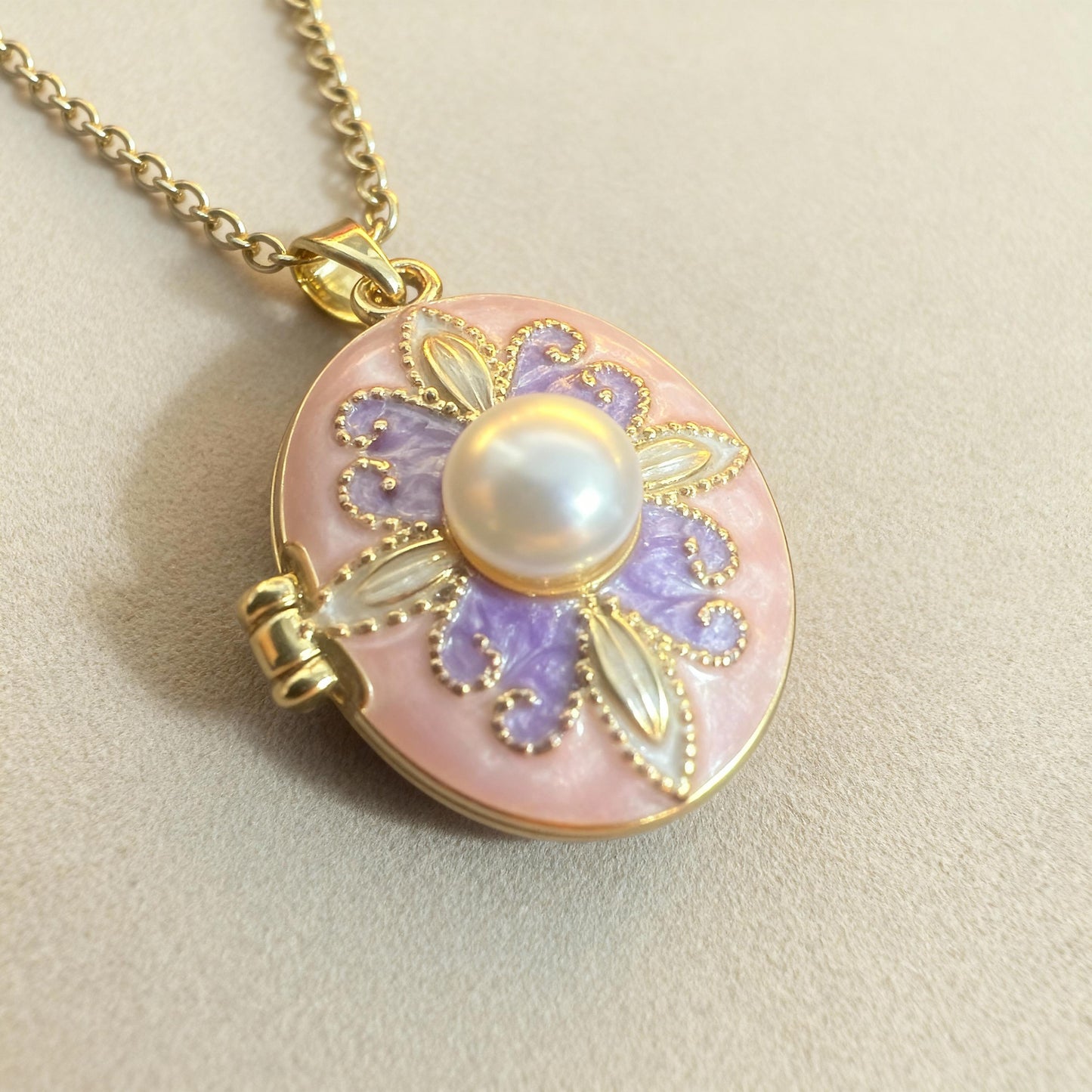 Pink Purple Enamel Pearl Oval Photo Locket Necklace – Personalized Keepsake Gift