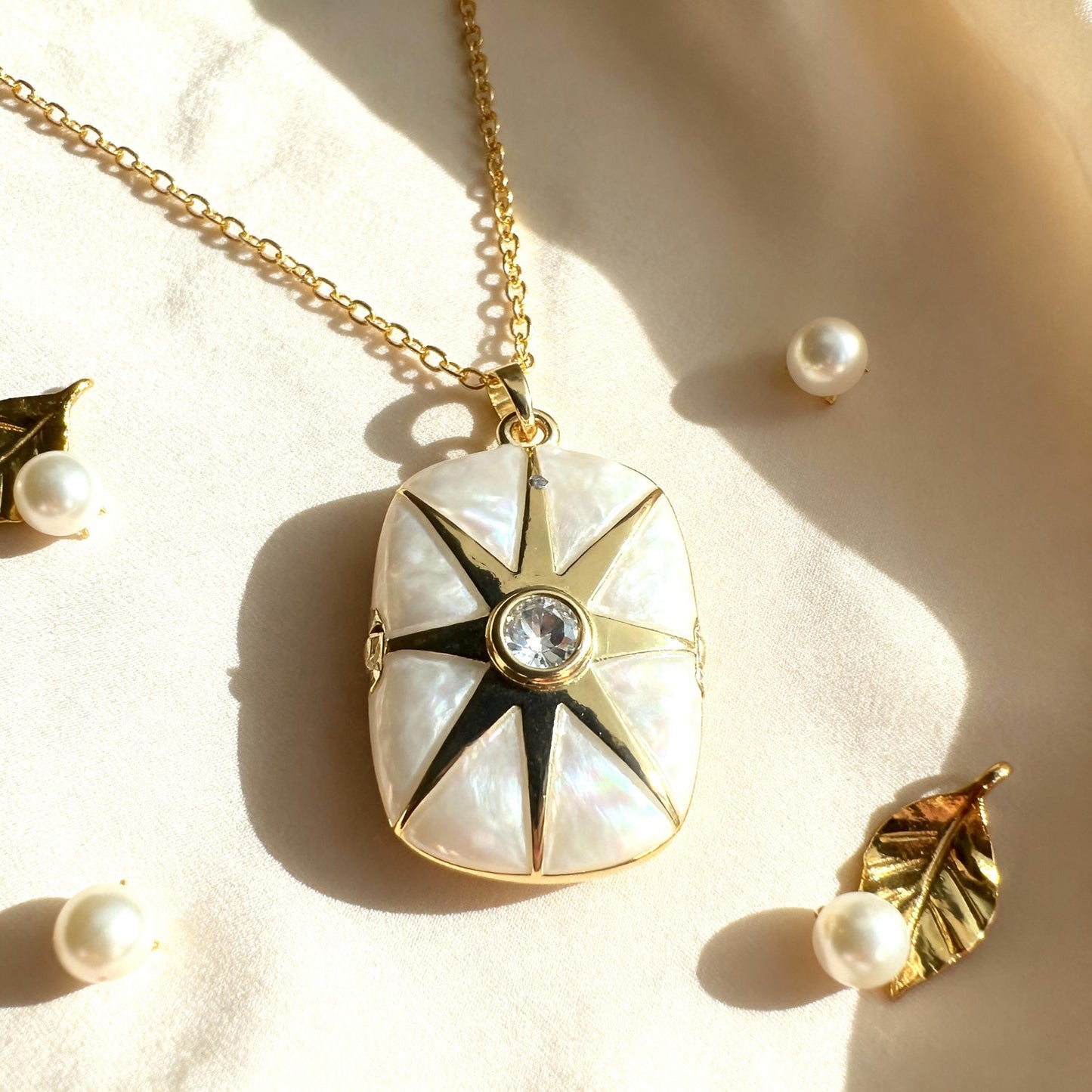 Mother of Pearl Star Rectangle Photo Locket Necklace – Personalized Keepsake Gift