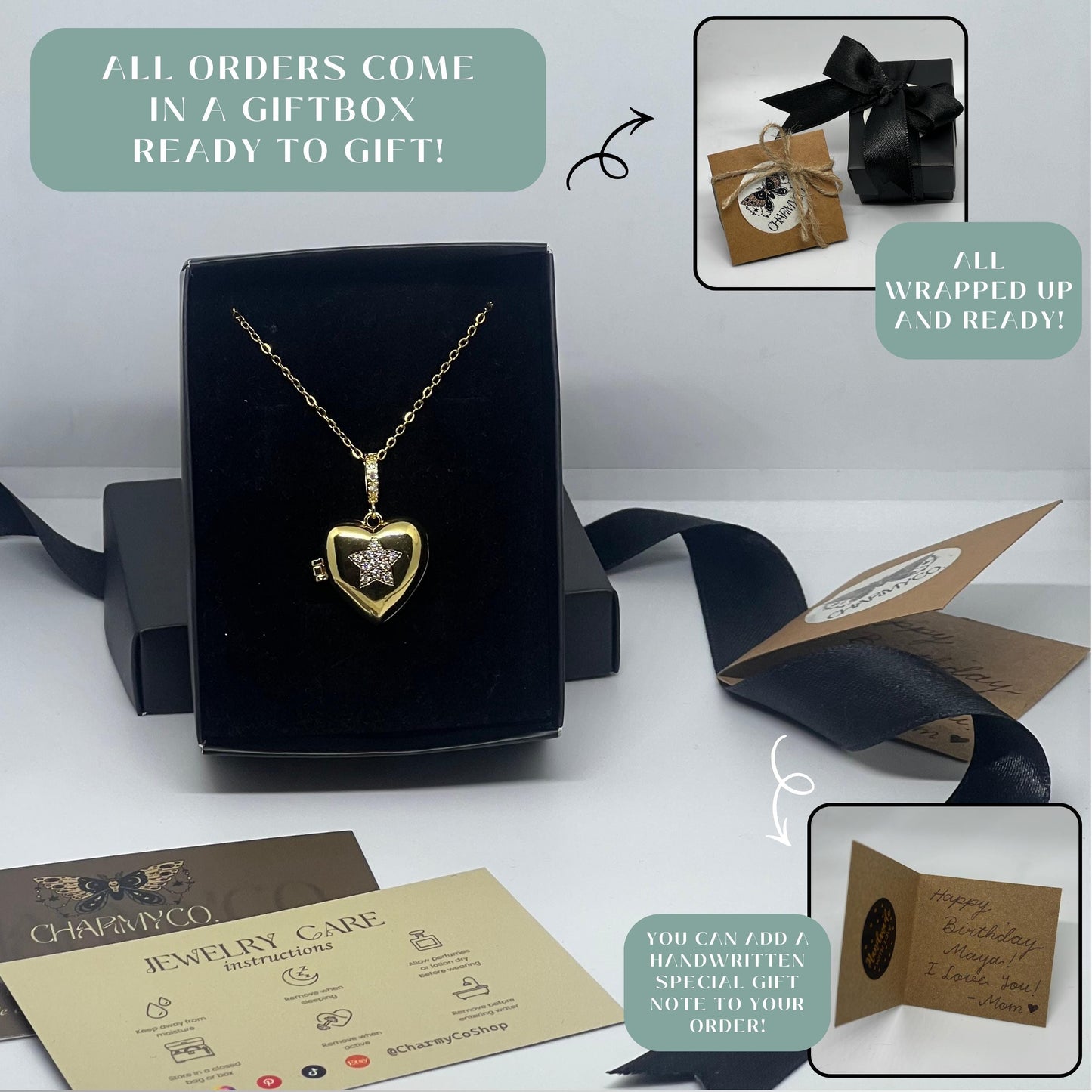Crystal Star Heart Photo Locket Necklace – Personalized Keepsake Gift