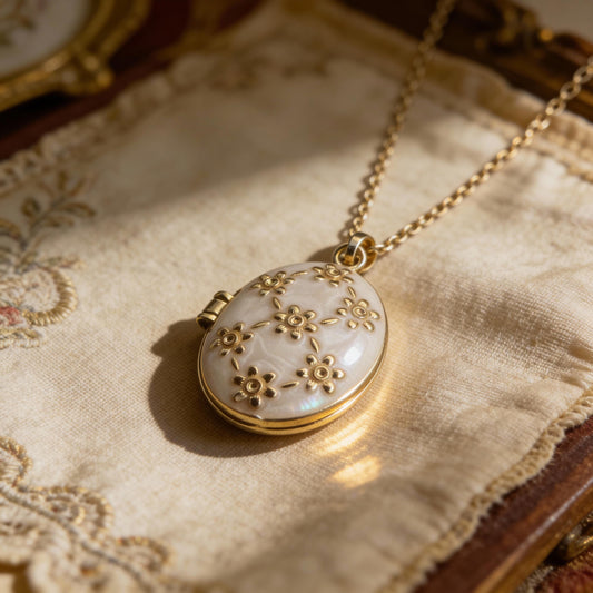 White Floral Oval Photo Locket Necklace – Personalized Keepsake Gift