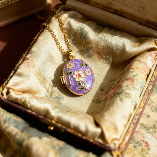 Purple Floral Oval Photo Locket Necklace – Personalized Keepsake Gift