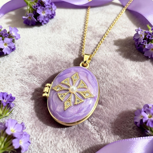 Purple Pearl Oval Photo Locket Necklace – Personalized Keepsake Gift